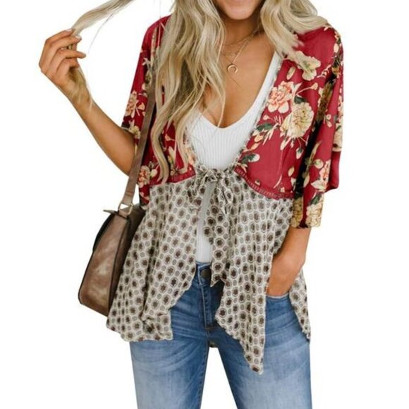 Red Floral‎ Kimono Cardigan 3/4 Ruffle Sleeve Flowy Boho Tie Loose Cover Up - Picture 1 of 5